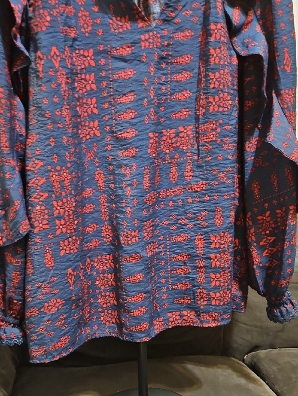 The Pioneer Woman Navy and Red Printed Ruffle-Shoulder Tie-Neck Blouse - Picture 3 of 8